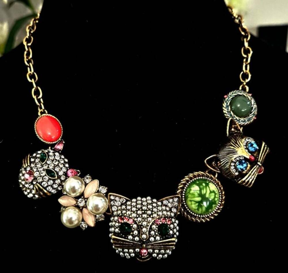 Betsey Johnson Three Cat Face Statement Necklace